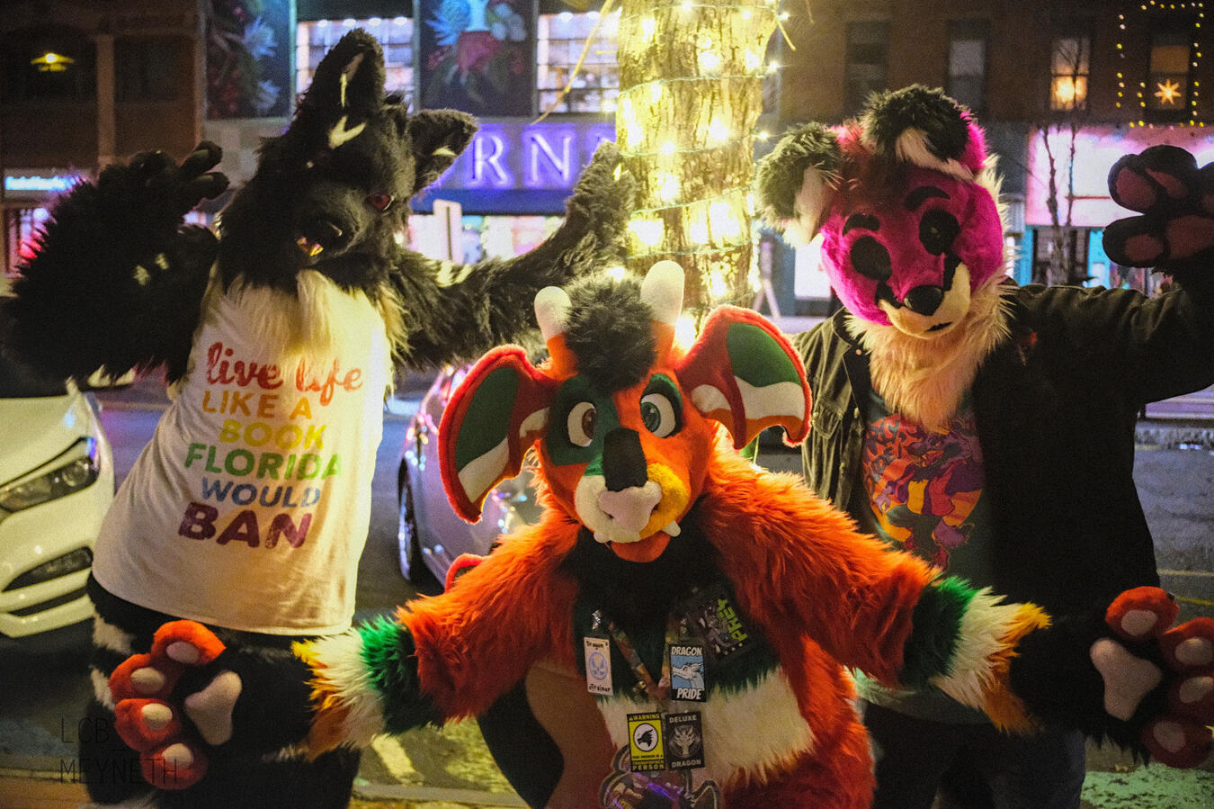 Kinso, Rags, and Fenbit posing across from Thorns Marketplace in downtown Northampton